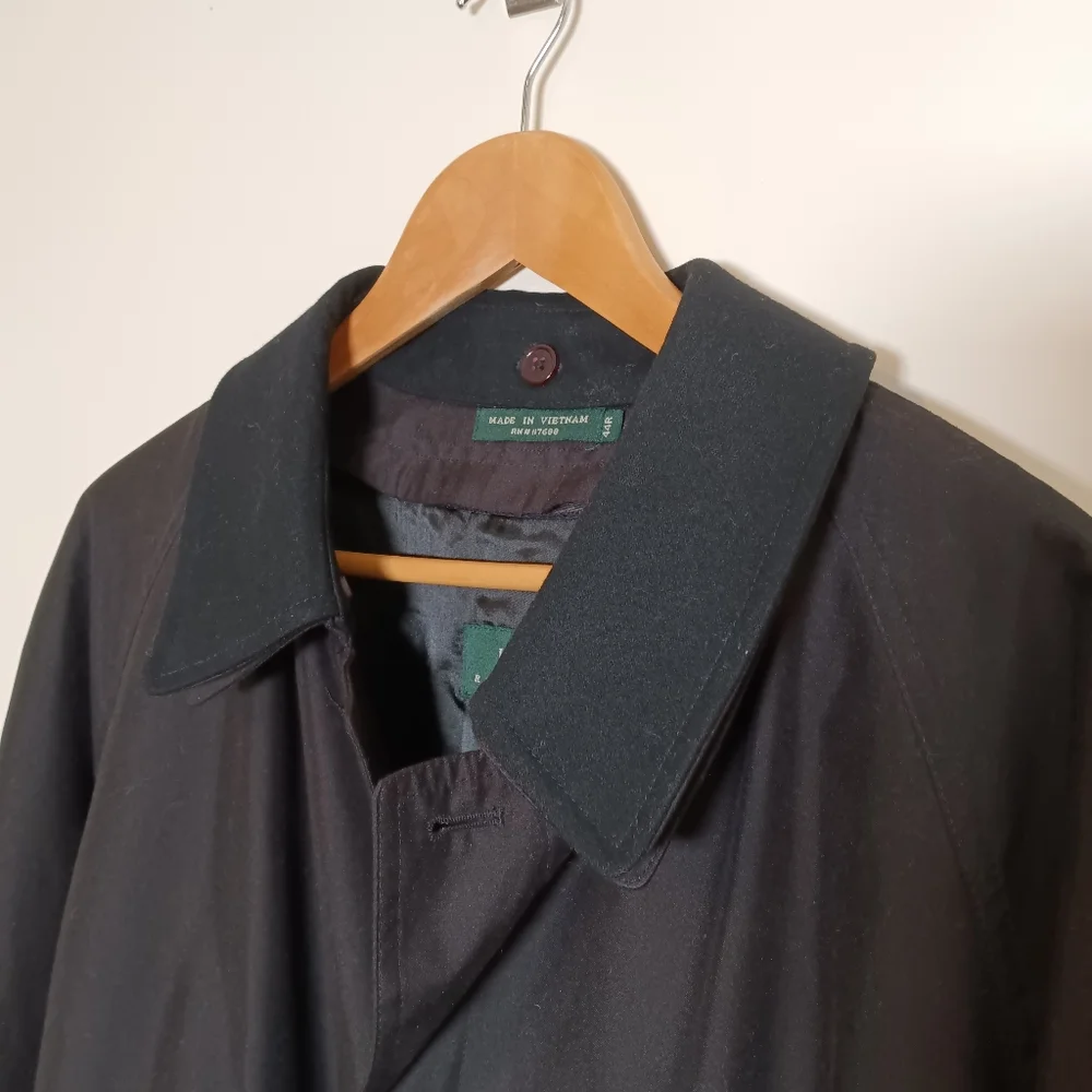Ralph Lauren Vintage Mens Black Trench Overcoat Raincoat 44R Single Breasted